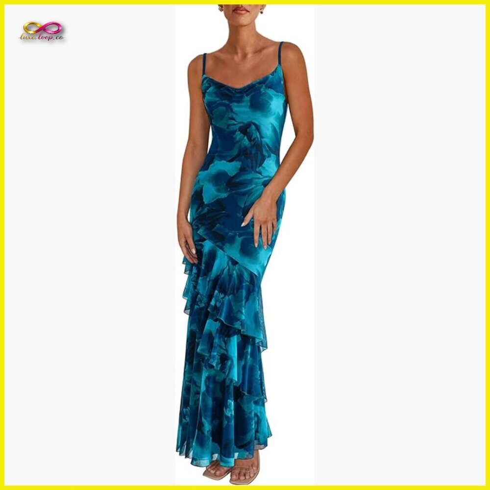 Floral Maxi Dress Tiered Beach Sundress Spaghetti Strap Bodycon Wedding Guest‎